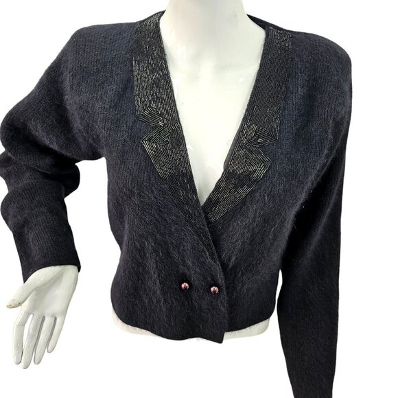 90s LB Diffusion Beaded Evening Cardigan Black Lambswool Angora Knit Womens L - Picture 1 of 12